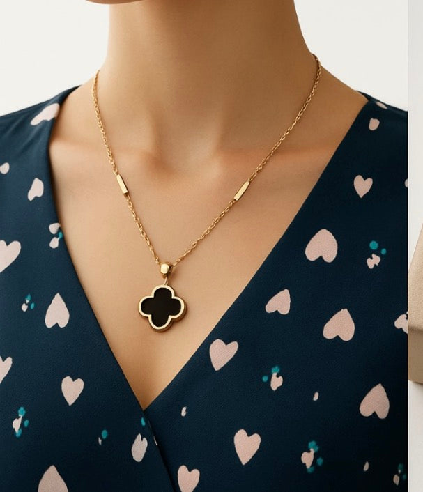 Korean Minimal 4-Leaf Clover Double Layer Necklace (Rose Gold)