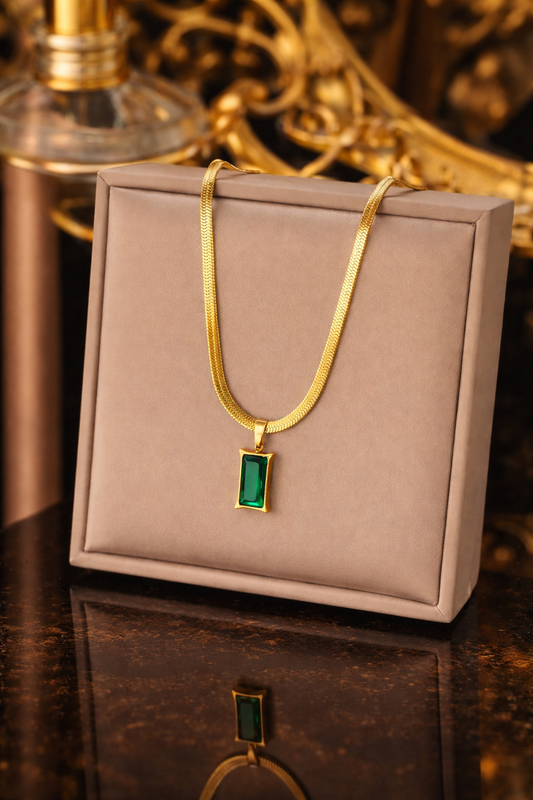 Divine Green Rectangle Pendant Necklace – Gold Plated Korean Design